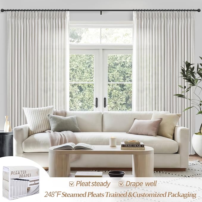 Pinch Pleat Beige White Light Filtering 60 Inch Wide Curtains 90 Inches Long for Bedroom 2 Panels Set, Memory Shape Natural Linen Protect Privacy Boho Heavy Curtain Semi Sheer Viral Window Drapes Burg