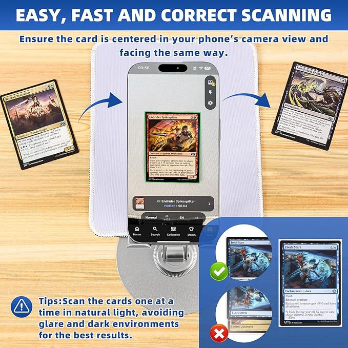 Foldable MTG Trading Card Scanner Stand,Carbon Steel Phone Holder Includes 50 Standard Size Card Sleeves and Scanning Pad,Ideal for Quickly Scan and Price Check,Available for ManaBox (silver)