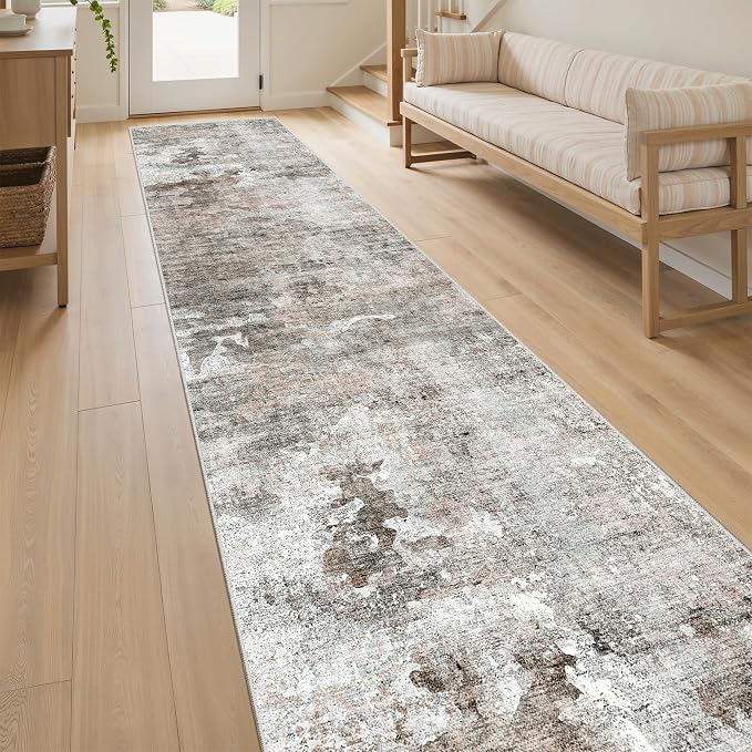 Soalmost Abstract Runner Rug 2x10 Hallway Kitchen Runners Pink/Grey | Vintage Washable Rugs for Bathroom Laundry Room, Low Pile Stain Resistant Floor Carpet Mat Entryway Corridor Bedroom