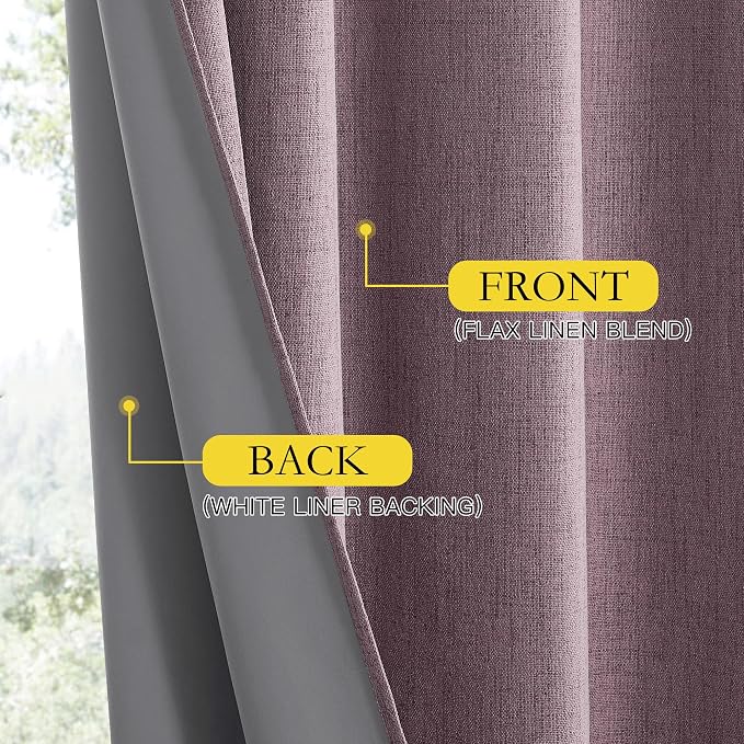 NICETOWN Chaise Mauve Vintage Linen 100% Blackout Curtains for Dining Room, Thermal Insulated Curtains 54" Long, Noise Reducing Window Treatment Drapes for Kitchen, 42" Wide Per Panel, Set of 2