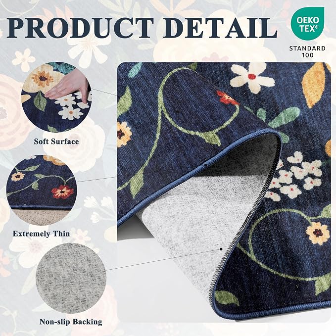 DUKINO 4x6 Area Rug, Floral Washable Office Chair Rug Non Slip, Navy Blue | Low Pile, Stain Resistant, Soft Indoor Rug for Bedroom, Living Room, Dining Room, Kids Room, Pet Friendly, Modern Home Decor
