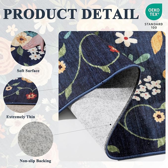 DUKINO 2x12 Washable Runner Rug, Non Slip Long Kitchen Rugs, Navy Blue | Floral, Low Pile, Soft Indoor Rug Runner for Hallway, Entryway, Bedroom, Bathroom, Laundry, Pet Friendly, Modern Home Decor