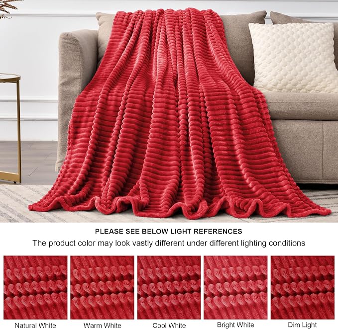 BEDELITE 3D Ribbed Jacquard Red Fleece Throw Blanket for Couch, 50x60 Inch | Soft Warm Decorative Fluffy Blanket, Cozy Plush Lightweight Fuzzy Throw Blanket for Bed Sofa Home Room Decor, Gift for Women