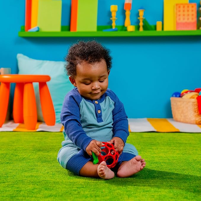 Bright Starts Oball Easy Grasp Red Apple Teether Toy, Hold My Own Collection, BPA Free, Unisex, Newborn and Up
