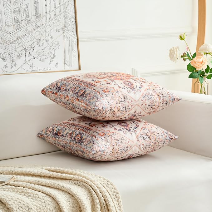 Boho Throw Pillow Covers 24x24 inch Set of 2,Boho Vintage Carpet Pattern Antique Ethnic Decor Double Sided Pattern Cushion Cover Soft Pillow Case Living Sofa Room Bed Square Pillow Cover
