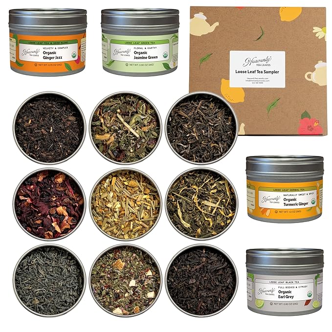 Heavenly Tea Leaves Organic 9 Tea Sampler, Gourmet Loose Leaf Tea Gift Set