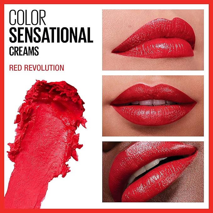 Maybelline Color Sensational Lipstick, Lip Makeup, Cream Finish, Hydrating Lipstick, Nude, Pink, Red, Plum Lip Color, Red Revolution, 0.15 oz; (Packaging May Vary)