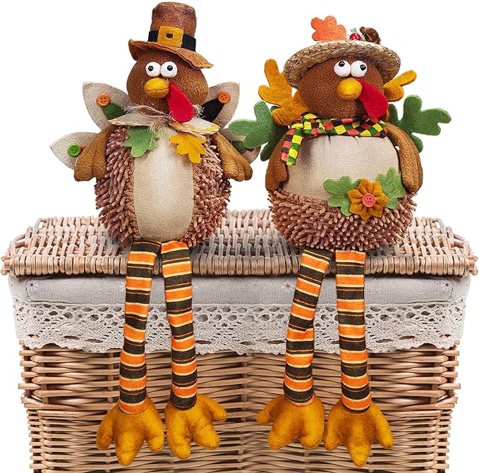 Ogrmar 15 Inch 2 Pack Stuffed Turkey Couple Doll Thanksgiving Tabletop Decorations Exquisite Handmade Turkey Plush Doll Kit for Autumn Harvest Home and Room Table Ornaments