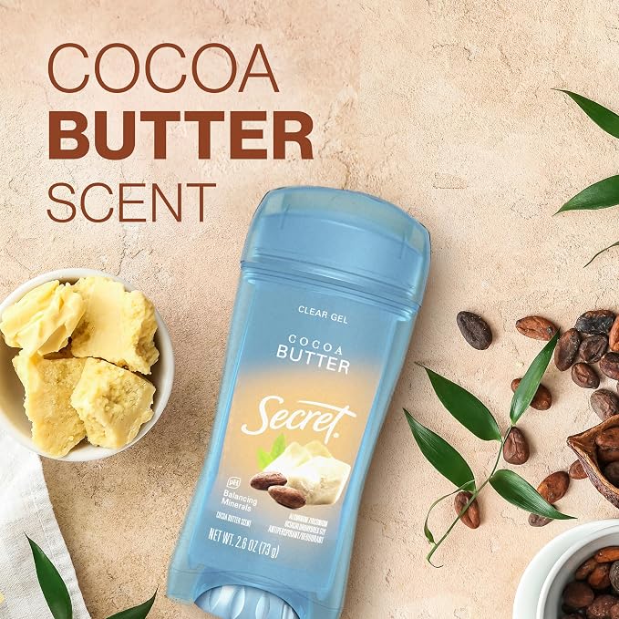 Secret Fresh Antiperspirant Deodorant for Women,72hr Breathable Sweat & Odor Protection,Instant Freshness & Gentle,PH Balancing Minerals,Invisible Solid,Cocoa Butter Scent,2.6 oz,(Pack of 2)