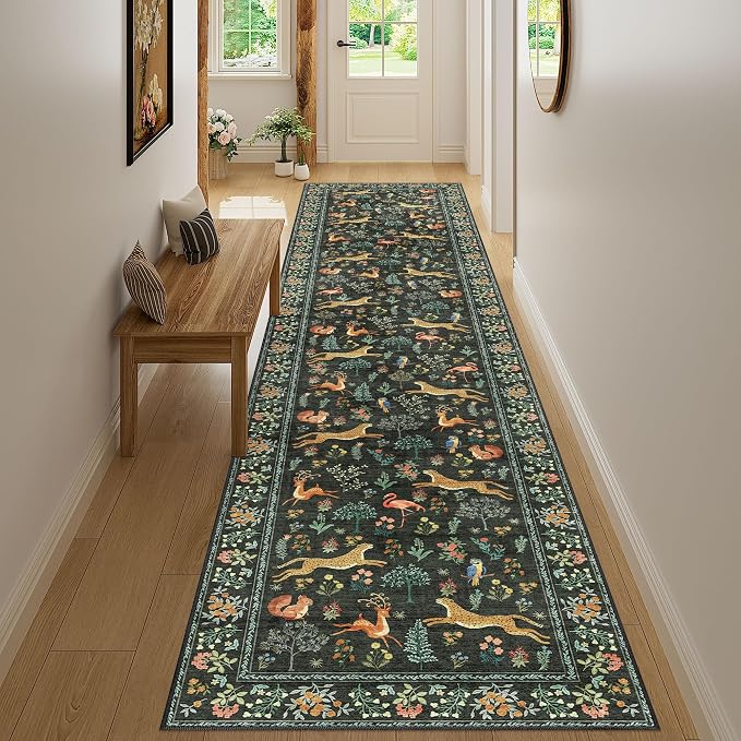 DUKINO 2.6x12 Hallway Runner Rug, Washable Animal Rug Non Slip, Black | Low Pile, Stain Resistant, Soft Indoor Long Carpet Runner for Entryway, Kitchen, Bedroom, Bathroom, Pet Friendly, Ultra-Thin