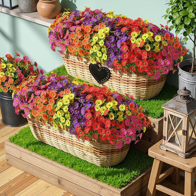 Alupssuc 40 Bundles Artificial Daisies Flowers Fake Silk Plant for Indoor Outdoor Decor, UV Resistant No Fade Faux Spring Flowers for Garden, Porch & Patio Decoration,RedRosyPurpleYellowOrange