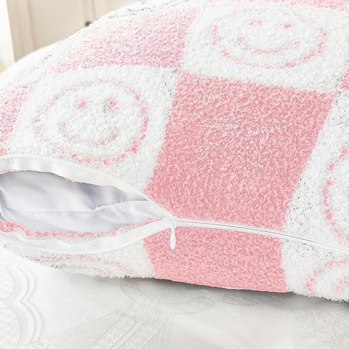 Ultra Soft Cozy Happy Smiling Face Checkered Knitted Throw Pillow Cover Fluffy Microfiber pillocase Decorative for Sofa Bed 18 Inches Both Sides (Pink)