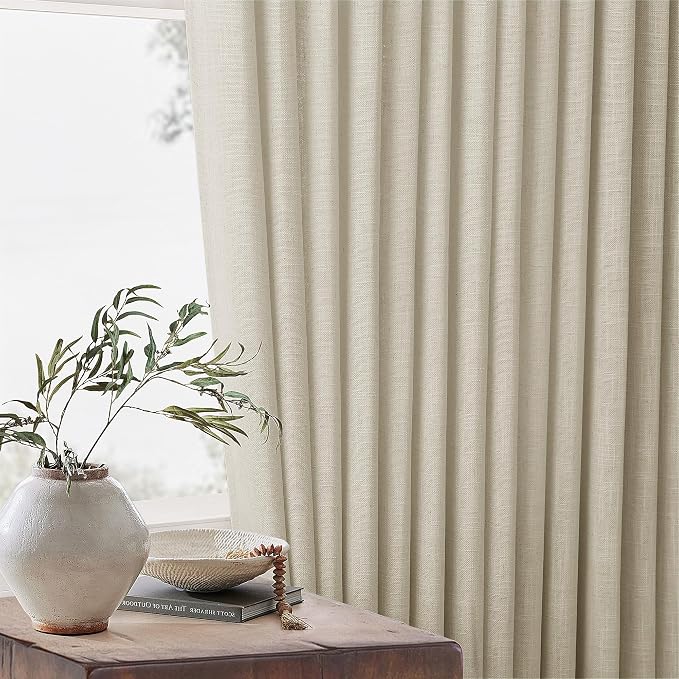 Linen Beige 72 Inch Pinch Pleated Semi Sheer Curtains 2 Panels Set W40xL72 | Memory Training Shaped, for Living Room Bedroom Cabin Closet, 400GSM Linen Textured, Pinch Pleat with Hooks Rings Back Tab