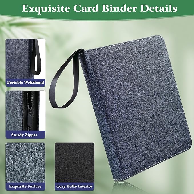 WOT I Trading Card Binder, 900 Pockets Collection Card Binder Sleeves with Polyester Fabric Cover&Zipper - Dark Blue