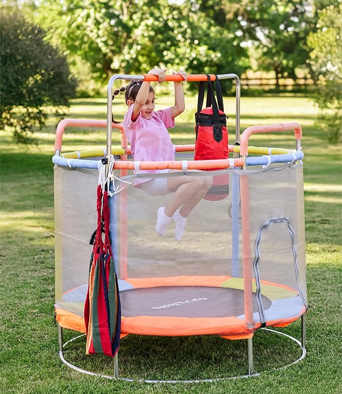 Trampoline for Kids with Safety Enclosure Indoor and Outdoor Toddler Trampoline for Kids Anti Rollover Round Base Double Safety Handles 440 lbs Capacity ASTM Tested Easy Assembly Gift