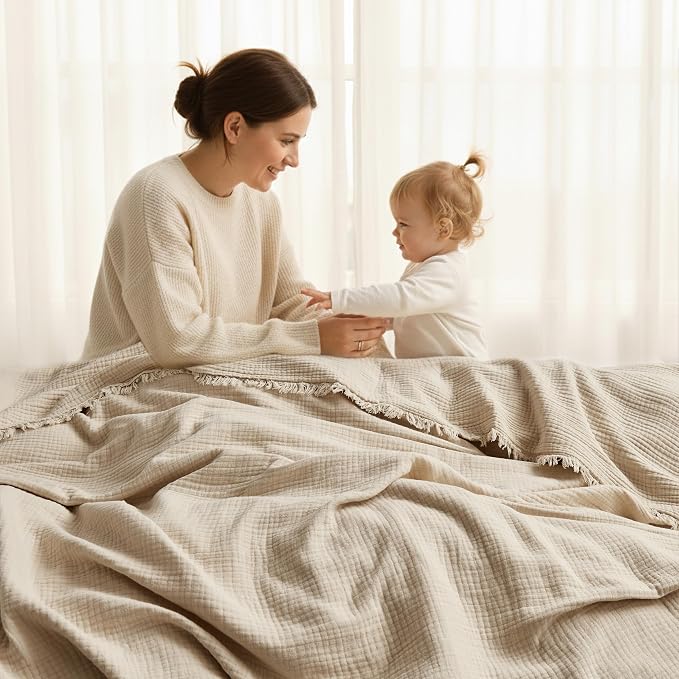 WDCOZY 100% Cotton Muslin Blanket King Size 4-Layer for Bed Breathable Lightweight Soft Large Boho Farmhouse Linen Tassels Ruffle Gauze Blankets All Season for Adults 102x120 Inches Beige Tan Neutral