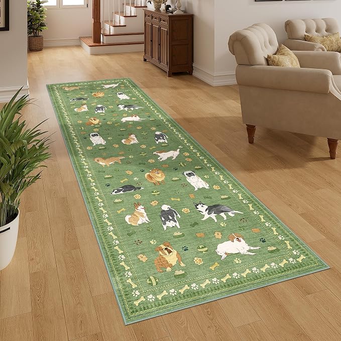 DUKINO 2.6x8 Kitchen Runner Rug, Washable Non Slip Dog Rug, Green | Soft, Stain Resistant, Low Pile, Non-Shedding Animal Carpet Runner for Hallway Entryway Bathroom Laundry, Kid & Pet Friendly