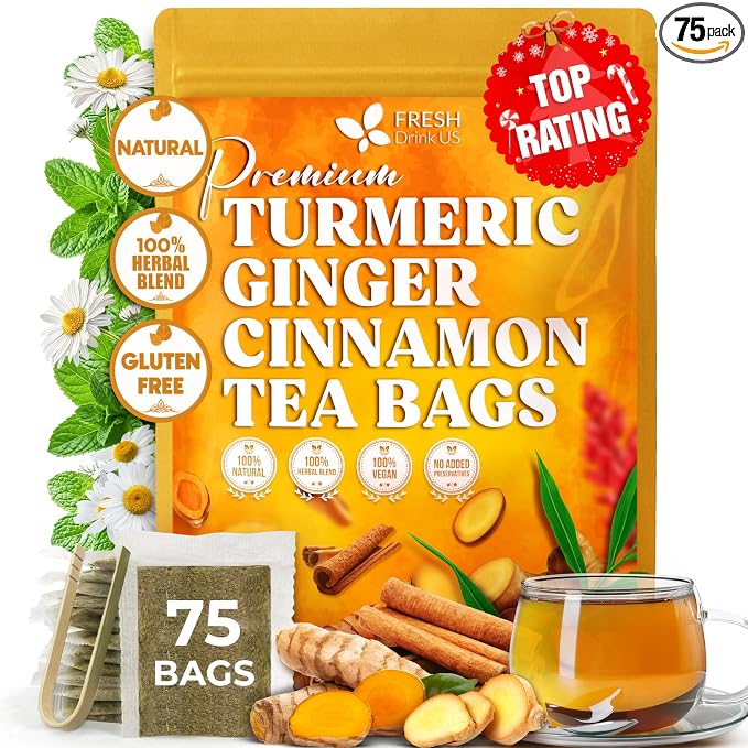 FreshDrinkUS, Premium Turmeric Ginger Cinnamon Tea Bags | 75 Tea Bags | Herbal Spice Tea Blend, Naturally Caffeine Free, Warm & Aromatic Flavor, 100% Natural Ingredients, Convenient Tea Bags