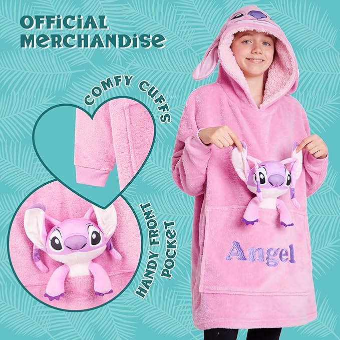 Disney Blanket Hoodie with Plushie and 3D Ears Wearable Comfy Oversized Sweatshirt Sherpa Fleece Blanket Gifts for Kids