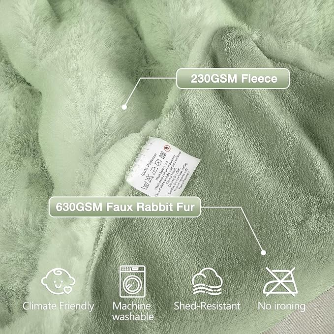 ORINOVA Sage Green Twin Size Blanket for Bed, 60x80 Ultra Soft Faux Rabbit Fur, Fuzzy Fluffy Plush Bubble Texture, Cozy Warm Reversible Throw for Couch, Bedroom Dorm Decor, Gifts for Women