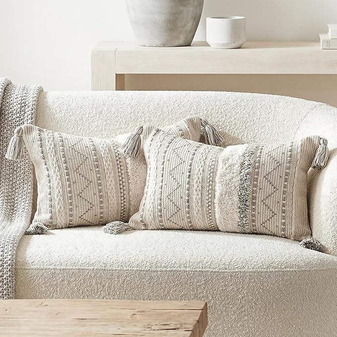 Decorative Lumbar Throw Pillow Covers 12x20 Combo Set of 2 Gray Rectangular Boho Accent Pillowcase Neutral Grey Farmhouse Cushion for Couch Sofa Bedroom Living Home Décor Cover ONLY