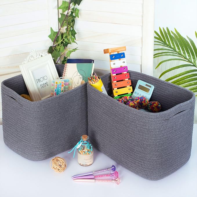 3-Pack Decorative Woven Storage Baskets for Shelves, Cube Bin Box for Organizing Books, Shoes, Dog Toys, Pantry Closet and Living Room Organizer, Charcoal Gray