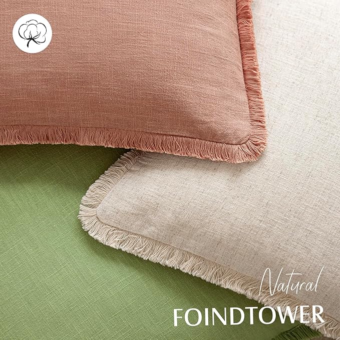 Foindtower Set of 2 Decorative Linen Fringe Throw Pillow Covers Cozy Boho Farmhouse Cushion Cover with Tassels Soft Accent Pillowcase for Couch Sofa Bed Living Room Home Decor,24×24 Inch,Coral Pink