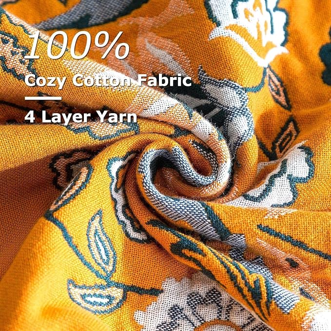 LUTBM Boho Throw Blanket for Bed 60"x80", 100% Cotton Yellow Couch Blankets | Reversible Floral Jacquard, Soft All-Season Twin Quilt, For Chair Sofa Living Room Decor, Lightweight Breathable, Women Gift