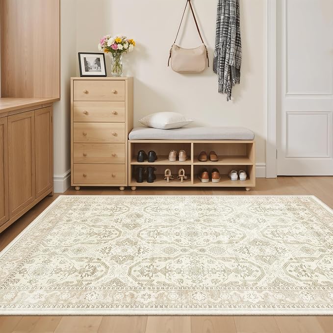 Soalmost 3x5 Rugs, Small Washable Kitchen Entryway Area Rug Beige/Brown | Vintage Low Pile Carpet for Nursery Coffee Table Bathroom, Foldable Stain Resistant Indoor Door Mat Entrance Powder Room