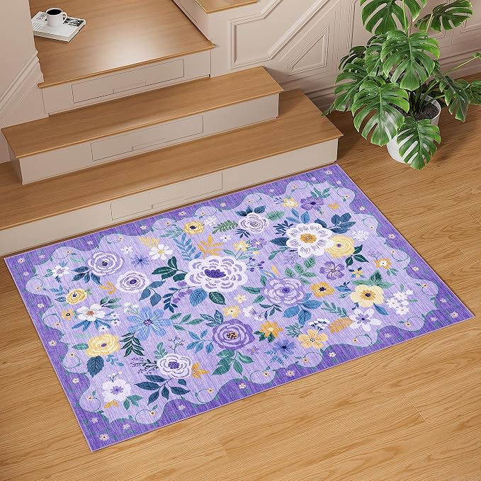 DUKINO 4x6 Area Rug, Floral Washable Rug Non Slip Office Chair Mat, Purple | Low Pile, Stain Resistant, Soft Indoor Rug for Bedroom, Living Room, Dining Room, Kids Room, Pet Friendly, Modern Home Decor