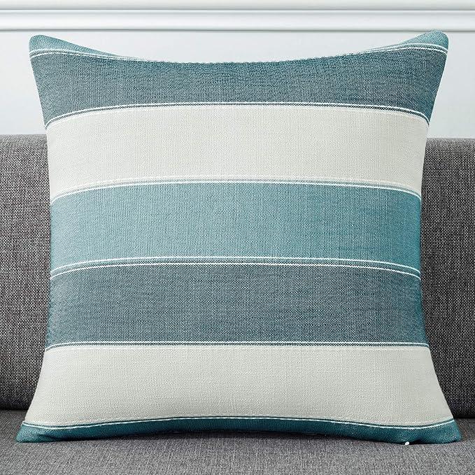 Pack of 2 Farmhouse Stripe Check Throw Pillow Covers Set Case Cotton Linen Decorative Pillowcases Cushion Cover for Couch Bench Sofa 20x20Inch Teal Blue