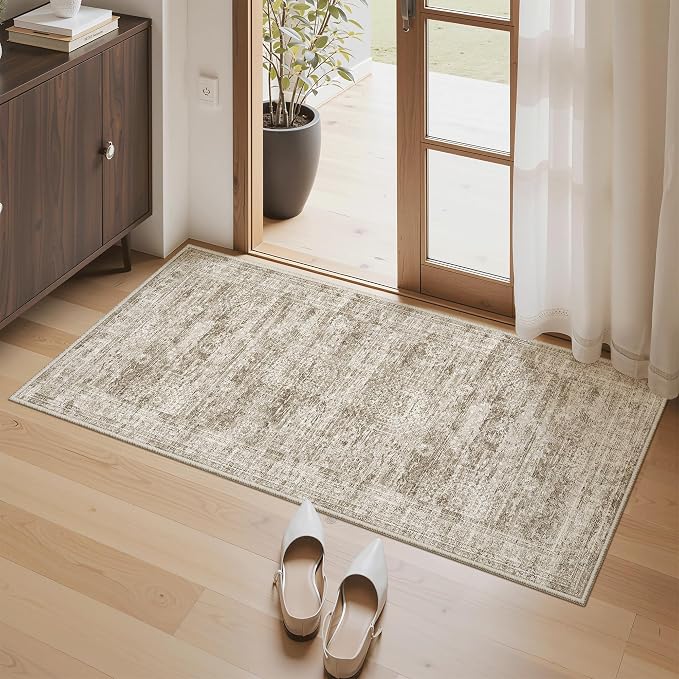 Soalmost 2x4 Washable Rugs for Kitchen, Entryway, Small Area Rug Brown | Non-Slip Vintage Low Pile Throw Door Mat For Bathroom Entry Laundry Powder Room, Stain Resistant Indoor Entrance Floor Carpet