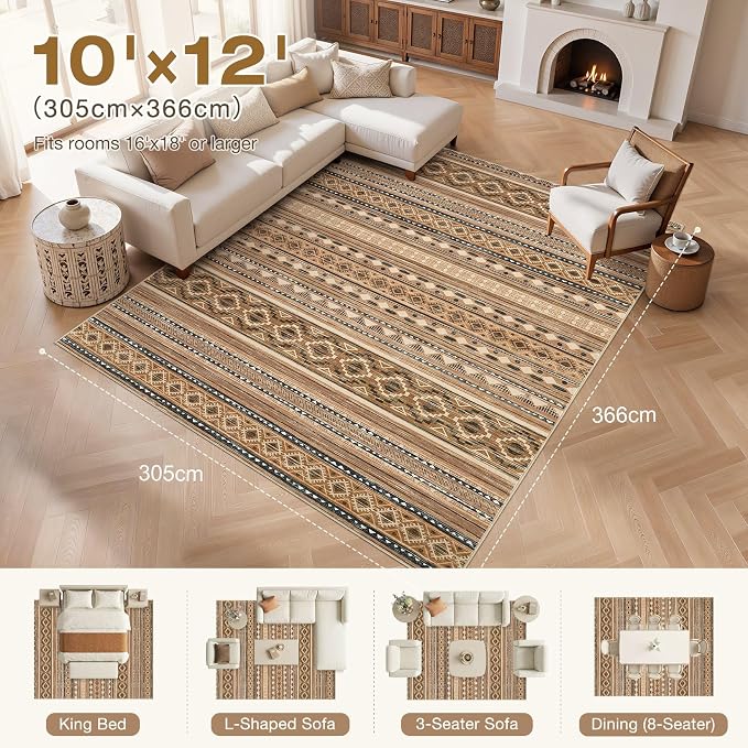 cotiled 9x12 Area Rugs Living Room Rug: Washable Boho Rugs with Non Slip Backing Large Soft Indoor Stain Resistant Carpet for Bedroom Farmhouse Dining Room Lightweight Home Decor Brown/Beige