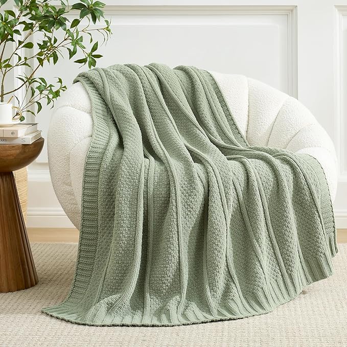 Amélie Home Premium Chenille Throw Blanket, Soft Cozy Moss Stitch Knit Blanket for Couch, Sofa, Chair, Home Decor, Sage Green 50"x60"