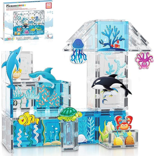 PicassoTiles Magnet Tiles Magnetic Building Blocks Aquarium Marine Animal Theme Set with 8 Character Action Figures Shark Crab Turtle STEM Toys Construction Preschool Toddlers Kids Boys Girls 3+ PTQ15