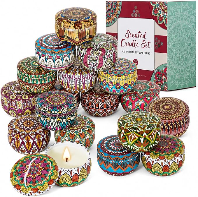 Scented Candles Gift Set, 18 Pack Soy Wax Blend Candles, 70 g Decorative Metal Candle Cans with Assorted Fragrances, Reusable Iron Candle Containers for Home, Bath, Spa, Yoga, Birthday Holiday Gifts