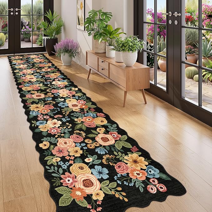 DUKINO 2.6x12 Washable Runner Rug, Floral Non Slip Long Kitchen Rug, Black | Low Pile, Stain Resistant, Soft Throw Rugs Runner for Hallway, Entryway, Bedroom, Bathroom, Modern Home Decor, Non-Shedding