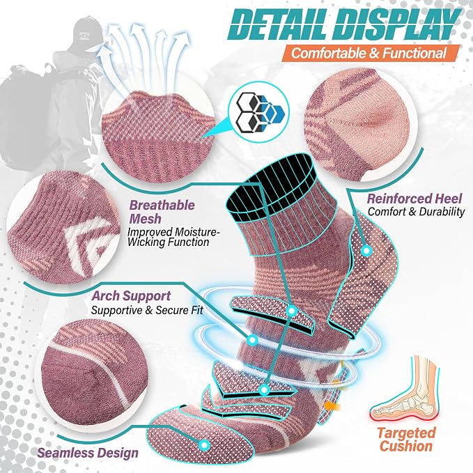 ANTSANG 6 Pairs Merino Wool Quarter Ankle Hiking Running Socks Compression Thermal Thick Cushion Socks for Women Men