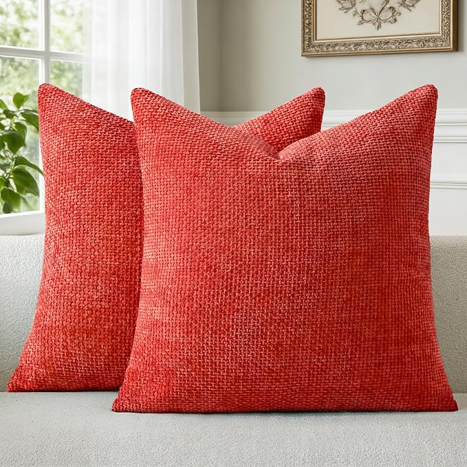 a moment Red Chenille Throw Pillow Covers 18x18 Inch Pack of 2 Modern Decorative Throw Pillow Covers Farmhouse Cross Covers Home Decor for Sofa Bedroom Living Room