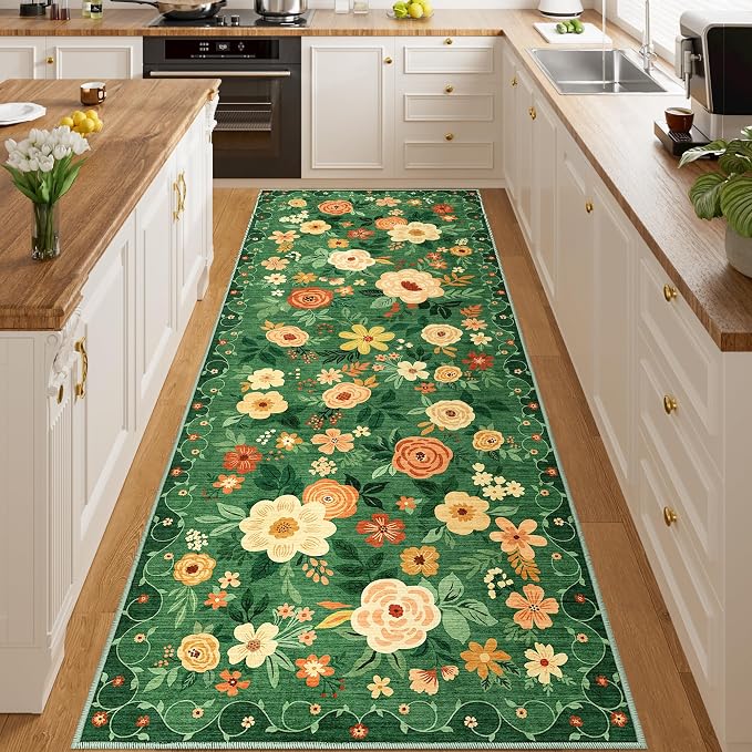 DUKINO 3x8 Kitchen Runner Rug, Washable Rug for Hallway Non Slip Dark Green | Soft, Low Pile, Floral Indoor Carpet Runner for Hallway, Entryway, Bedroom, Bathroom, Laundry, Pet Friendly, Home Decor