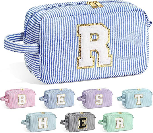 YOOLIFE Initial Makeup Bag for Women - Monogram Cute Large Blue Makeup Bags Cosmetic Toiletry Pouch Make Up Case for Women Her Best Friend Mom Sister Teacher, Personalized Birthday Gifts for Women R