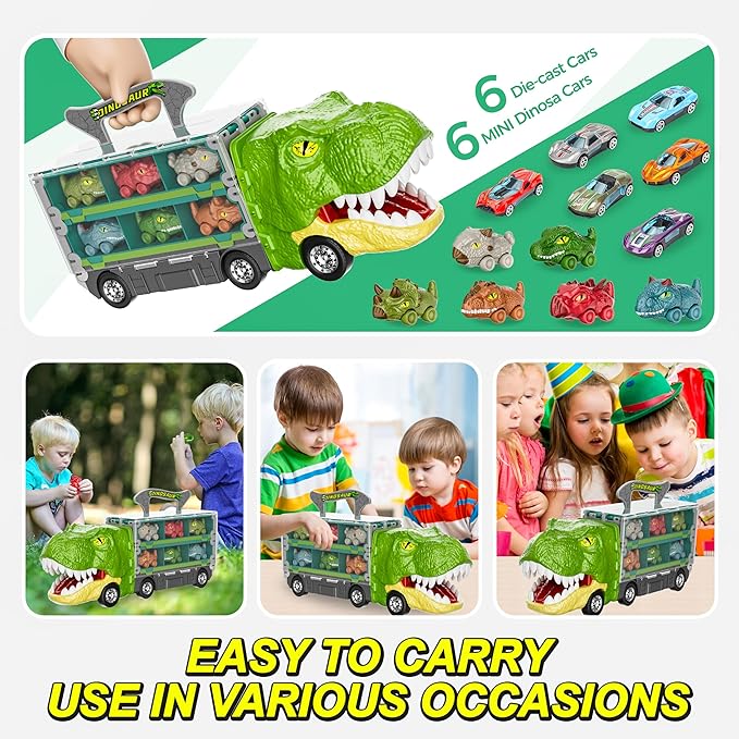 13 in 1 Dinosaur Toys Car for Kids, Dinosaur Transport Truck Track Set, Toddler Boy Toys Age 2-4 1-3, Birthday Gifts Toy for 3 4 5 6+ Year Old Boy,Foldable Track & Race Mode W/ 6 Dino Car & 6 Race Car