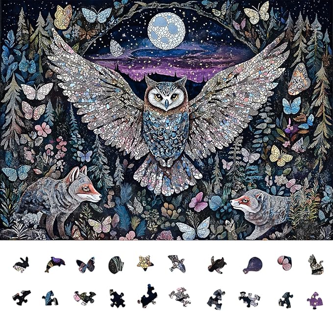 Glow-in-The-Dark Owl Puzzles for Adults 1000 Pieces, Difficult Challenging Unique Puzzle for Adults,6 Colors on Back Jigsaw Puzzles, Size 26.6x19.2