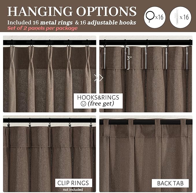 Memory Trained Pinch Pleated 102 Inch Extra Long Curtains for Dining Room, Dark Brown Flax Linen Semi Sheer Privacy Nursery Drapes 2 Panels Set Light Filtering Kids Room Cottage Core Window Curtain