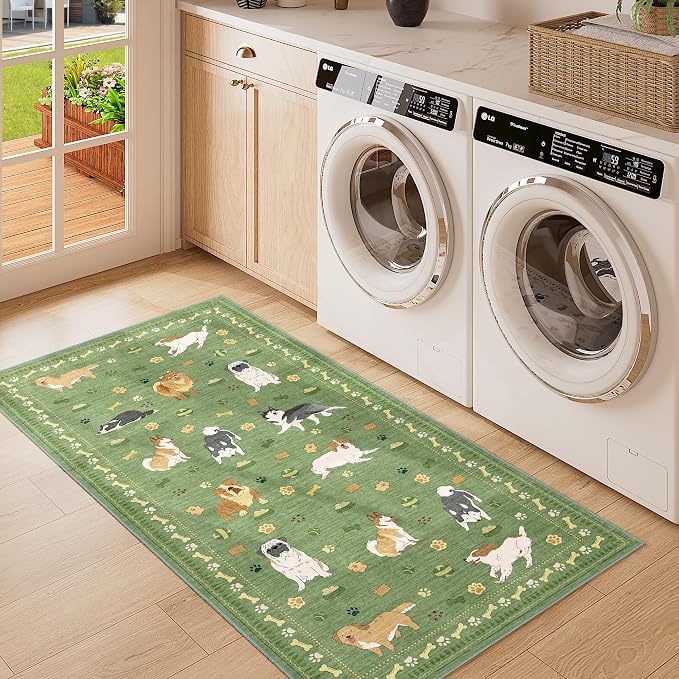 DUKINO 2x4 Rug Runner, Washable Dog Bathroom Rug Soft Non Slip, Green | Low Pile, Non-Shedding, Stain Resistant, Indoor Animal Carpet Runner for Kitchen Entryway Hallway Laundry Farmhouse Bedroom