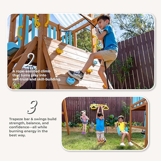 Teamson Kids Laguna Wooden Swing Set with Slide & Climbing Wall, Solid Wood, Natural and Aqua