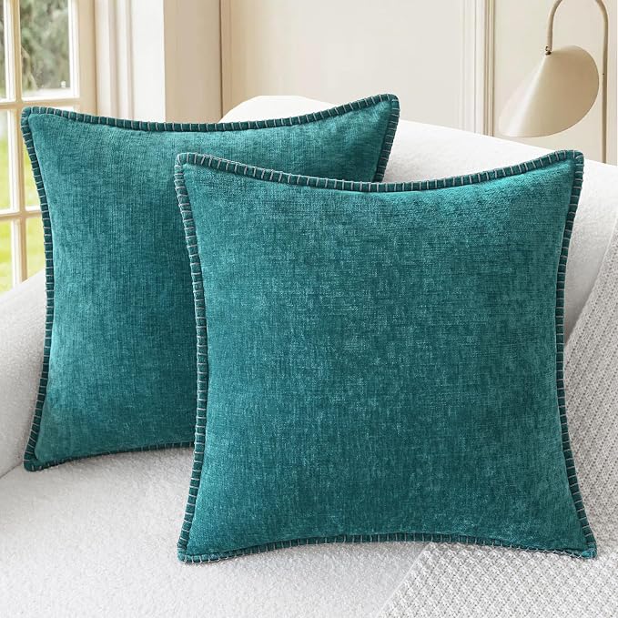 CaliTime Decorative Couch Throw Pillow Covers 18 X 18 Inches Teal | Pack of 2, Cozy Chenille Cushion Cases, Cotton Thread Stitching Edges, for Sofa Bed Living Room Farmhouse