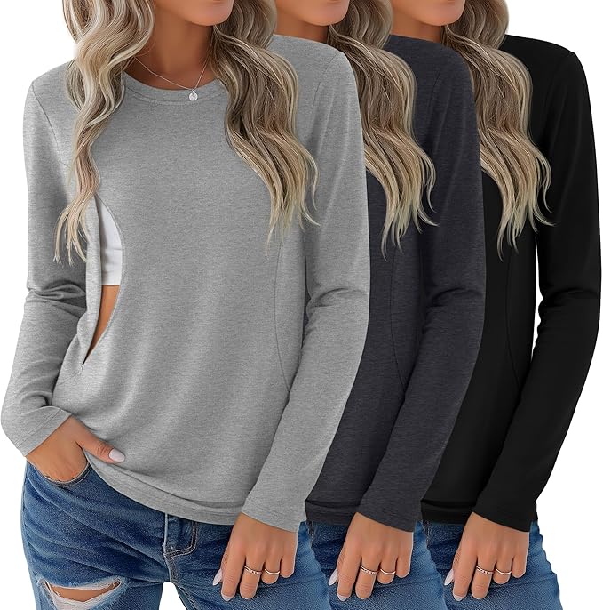 3 Pack Nursing Tops for Breastfeeding Maternity Shirts Zipper Long Sleeve Round Neck Knit Casual Nursing Clothes