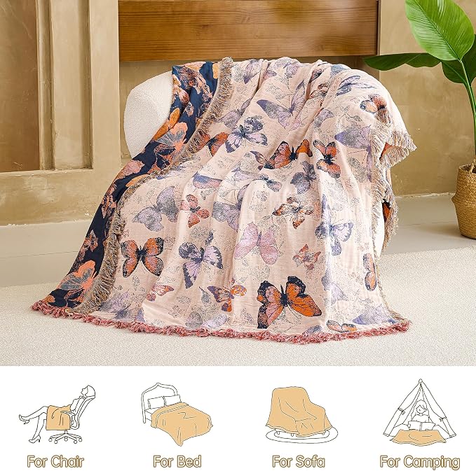 VANJOROY Boho Throw Blanket King, 100% Organic Cotton Breathable Ultra Soft 91" x 98" Bed Quilt Throw - All Season Floral Rustic Farmhouse Decor Luxury Reversible Blanket for Sofa Couch Chair and Gift