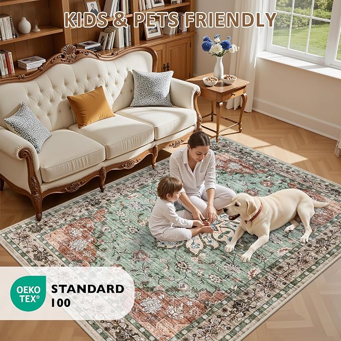 8x10 Area Rugs for Living Room: Washable Rug Soft Vintage Distressed Floral Carpet Indoor Floor Non-Slip Stain Resistant Large Carpets for Bedroom Dining Room Farmhouse Nursery Home Office Brown Green